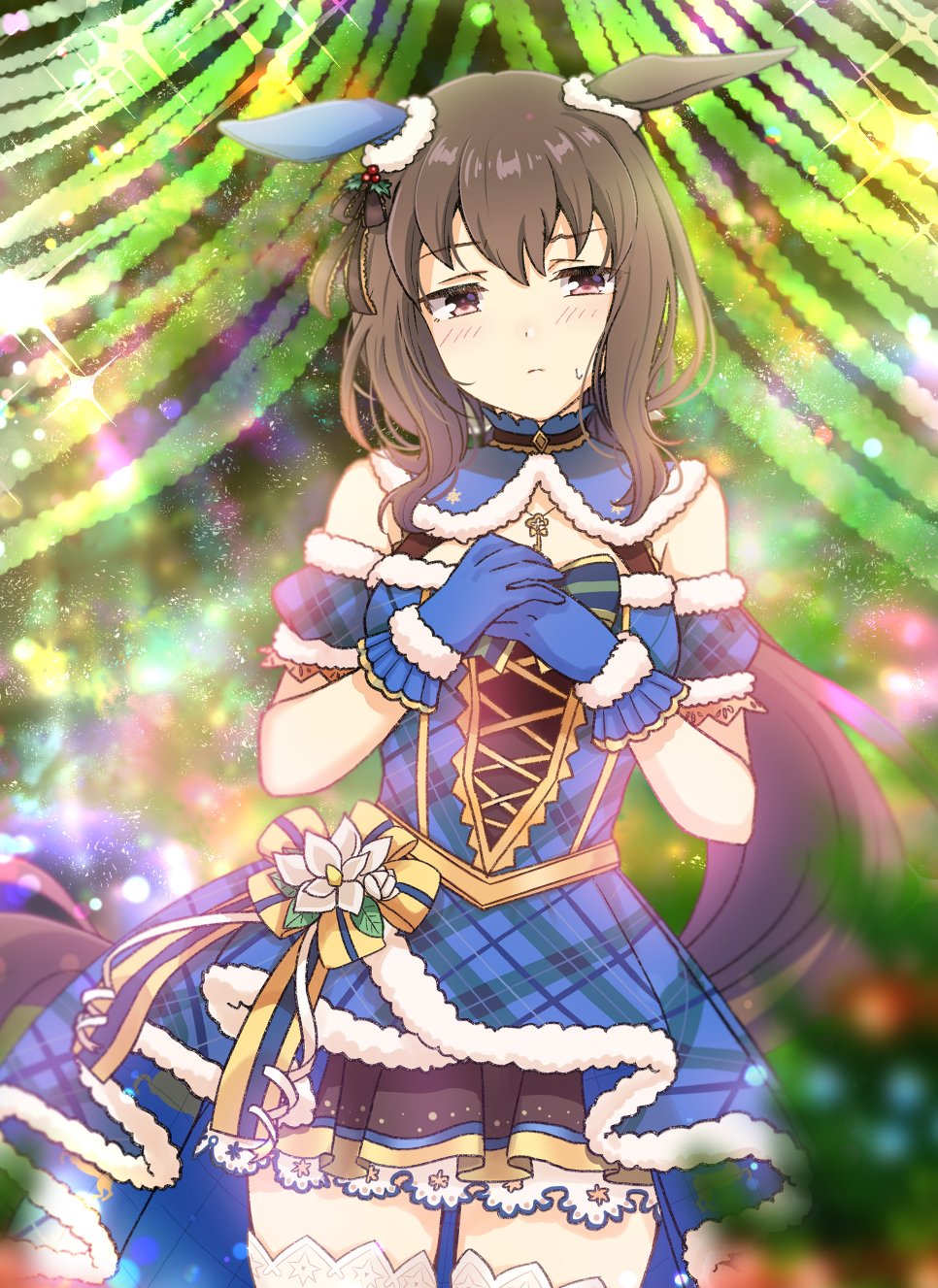 1girl, adapted_costume, admire_vega_(umamusume), animal_ears, blue_dress, blue_gloves, blush, brown_hair