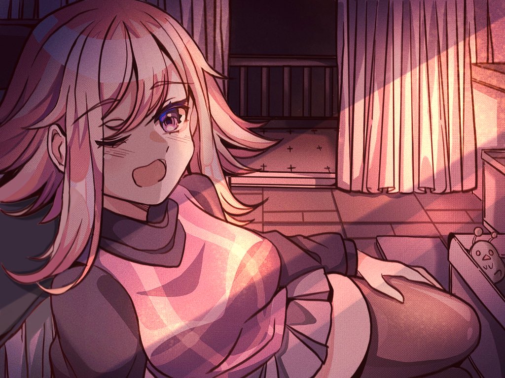 1girl, black_thighhighs, blush, breasts, curtains, hair_between_eyes, light_brown_hair, long_sleeves