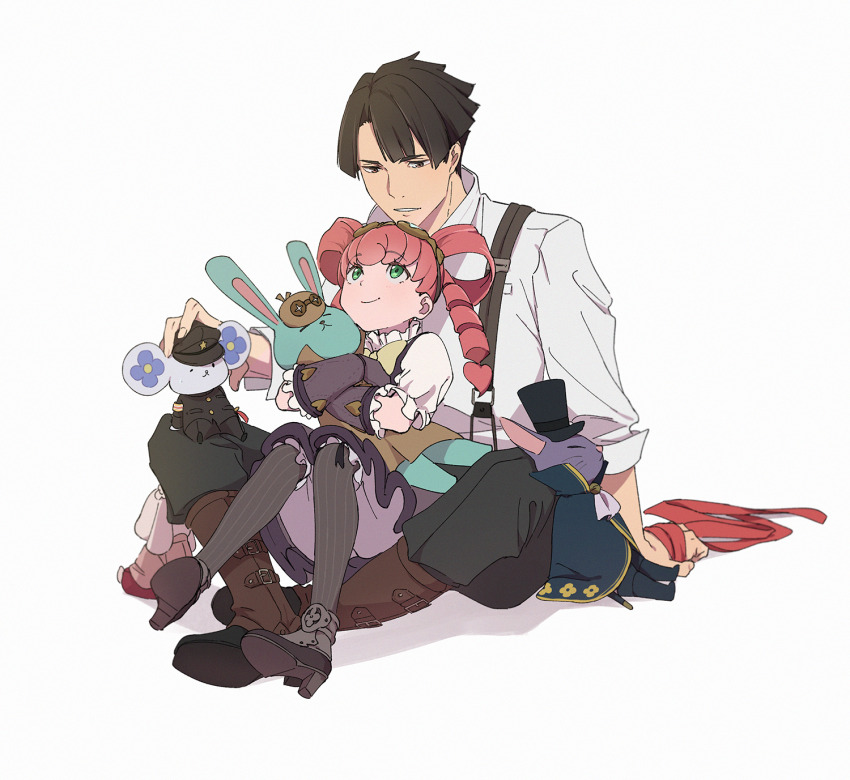 1boy, 1girl, ace_attorney, barok_van_zieks, black_hair, black_pants, boots, bow