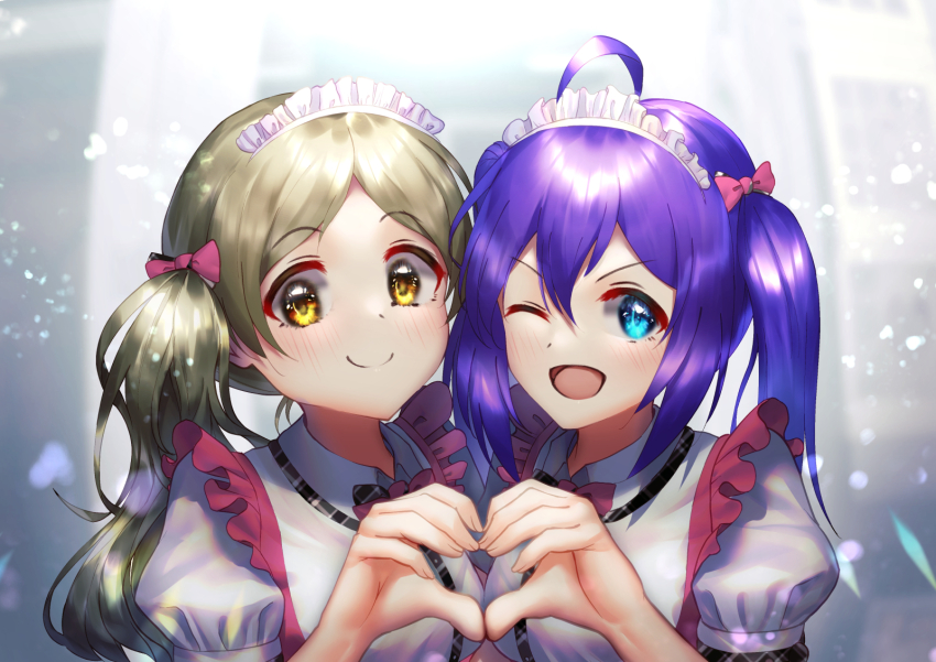 ;d, afrobluescombo, blue_eyes, blurry, brown_eyes, depth_of_field, grey_hair, handa_roco