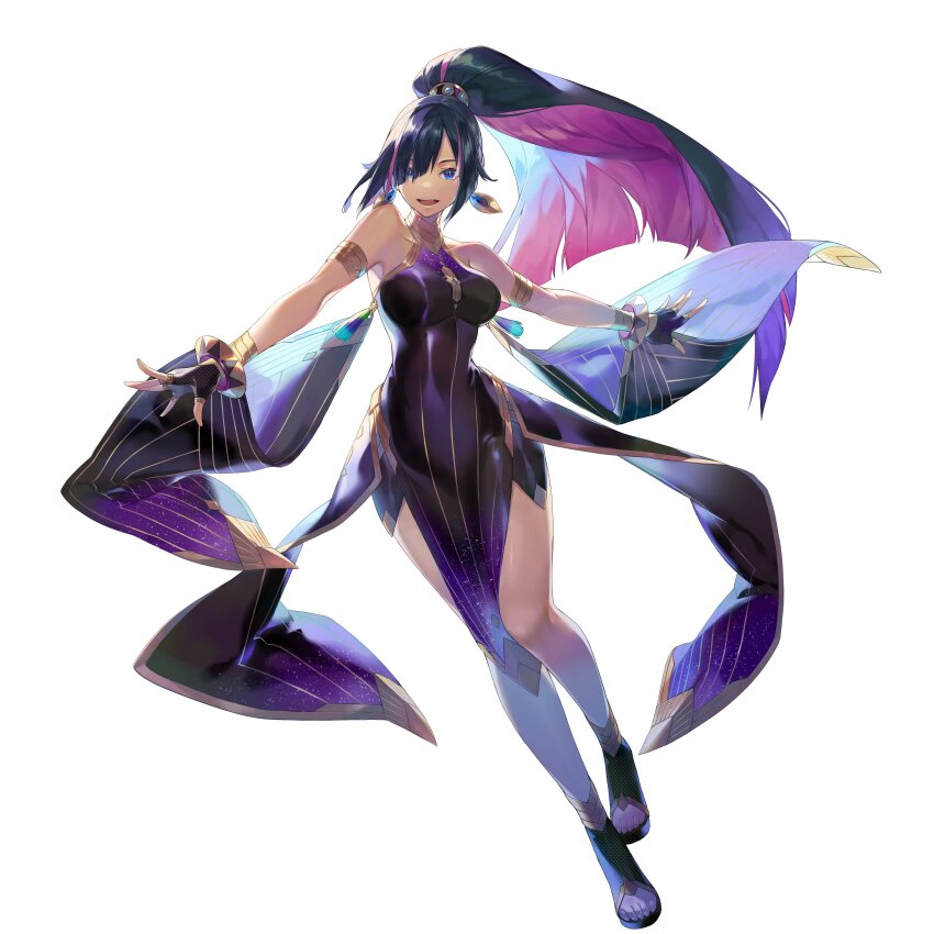 1girl, :d, absurdres, black_hair, blunt_bangs, breasts, dark-skinned_female, dark_skin, dress, fingerless_gloves, gloves, gold_trim, highres, large_breasts, looking_at_viewer, multicolored_hair, nadereh_(pso2ngs), official_art, open_mouth, phantasy_star, phantasy_star_online_2, phantasy_star_online_2_new_genesis, pink_hair, ponytail, sandals, smile, solo, standing, tan, thighs, white_background