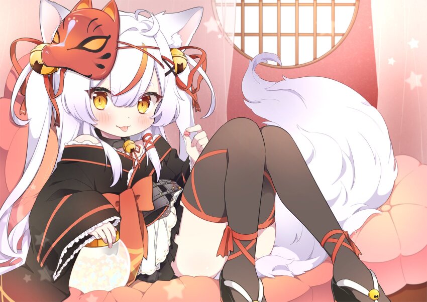 1girl, :p, animal_ears, bell, black_kimono, black_thighhighs, collar, fox_ears