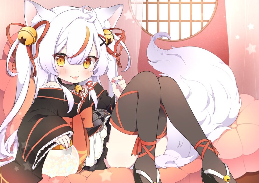 1girl, :p, animal_ears, bell, black_kimono, black_thighhighs, collar, fox_ears