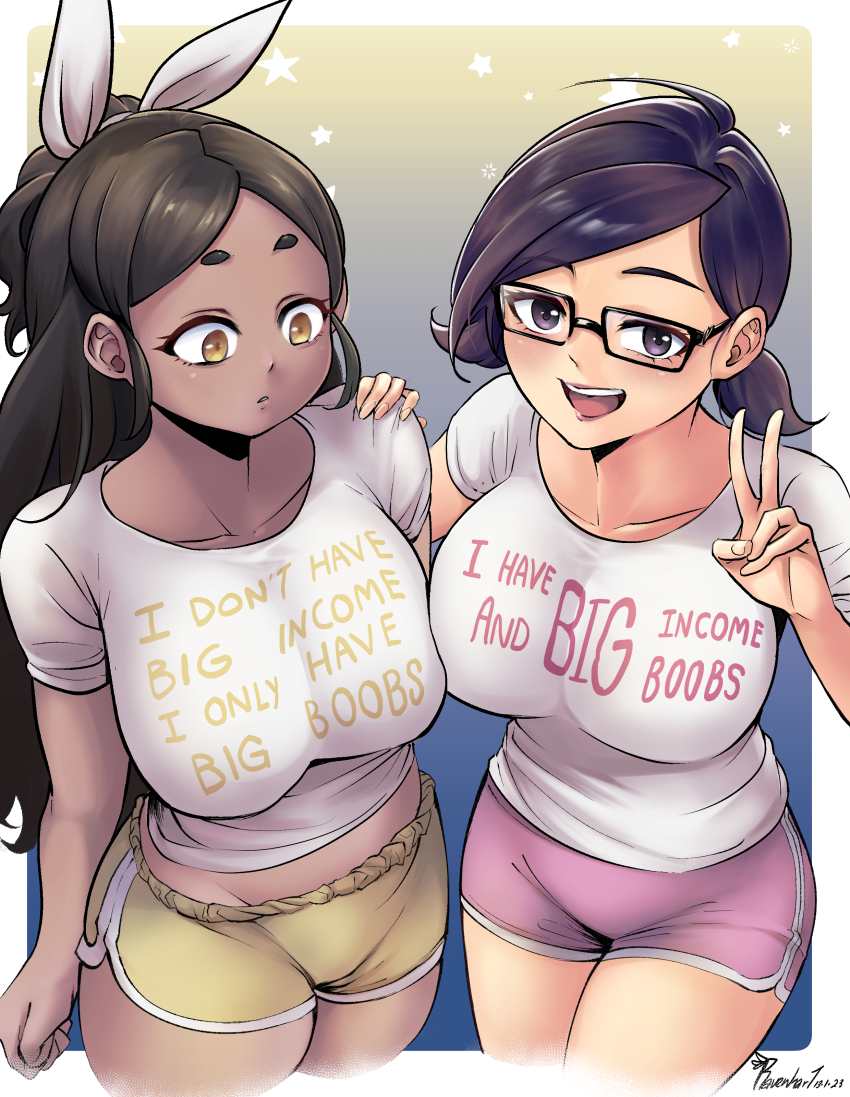 2girls, absurdres, black_hair, borrowed_character, breasts, broke-chan_(bakuatsukiyu), brown_eyes, commentary