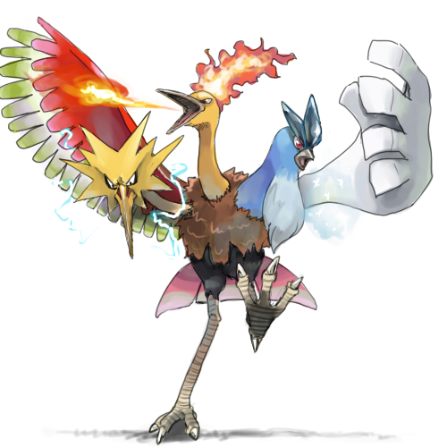 1990s_(style), animal_focus, articuno, bird, breath_weapon, breathing_fire, byte_(grunty-hag1), chimera, chimera_(creature), dodrio, electricity, fiery_hair, fire, fusion, gen_1_pokemon, gen_2_pokemon, grey_beak, ho-oh, legendary_pokemon, lowres, lugia, moltres, multiple_heads, nintendo, no_humans, pokemon, pokemon_(creature), pokemon_adventures, pokemon_red/green/blue/yellow, red_eyes, retro_artstyle, simple_background, what, white_background, wings, zapdos