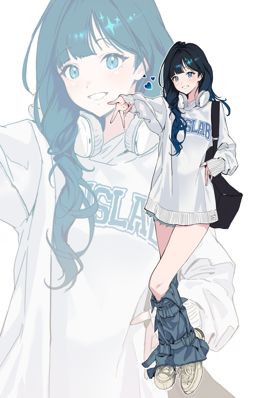 1girl, absurdres, bag, blue_eyes, blue_hair, blunt_bangs, blush, clothes_writing