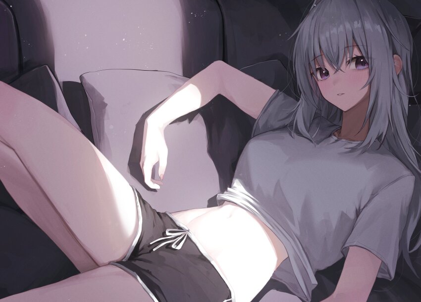 1girl, bare_legs, black_shorts, clothes_lift, dolphin_shorts, drawstring, grey_hair, highres, huhi_(huhi_1211), ine_(vtuber), knee_up, long_hair, looking_at_viewer, lying, midriff, navel, on_back, parted_lips, pillow, purple_eyes, shade, shirt, shirt_lift, shirt_overhang, short_shorts, short_sleeves, shorts, solo, stomach, thighs, virtual_youtuber, waktaverse, white_shirt