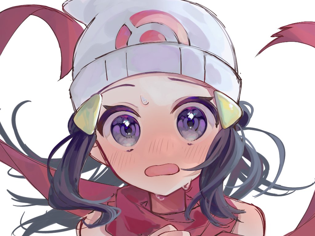 1girl, beanie, black_hair, blush, commentary_request, dawn_(pokemon), floating_hair, floating_scarf, grey_eyes, hair_ornament, hairclip, hat, long_hair, looking_at_viewer, nintendo, open_mouth, poke_ball_print, pokemon, pokemon_diamond/pearl/platinum, portrait, red_scarf, scarf, solo, sumeragi1101, sweat, white_background, white_hat