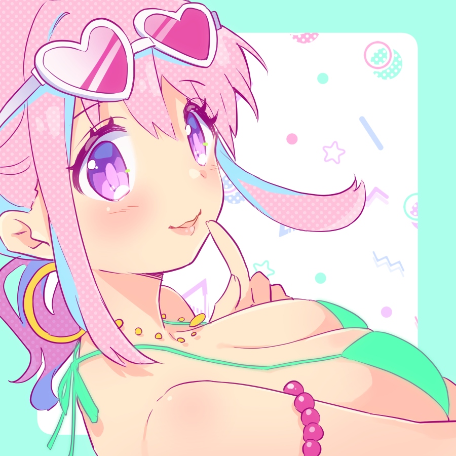 1girl, aqua_bikini, arm_under_breasts, armlet, bikini, blue_hair, breasts, commentary, earrings, finger_to_mouth, hair_between_eyes, heart, heart-shaped_eyewear, hoop_earrings, hozuki_kaede, jewelry, large_breasts, light_blue_hair, looking_at_viewer, multicolored_hair, necklace, onii-chan_wa_oshimai!, parted_lips, pink-tinted_eyewear, pink_hair, ponytail, purple_eyes, shiramori_sawa, sidelocks, simple_background, smile, solo, streaked_hair, string_bikini, swimsuit, tinted_eyewear, two-tone_hair, white-framed_eyewear