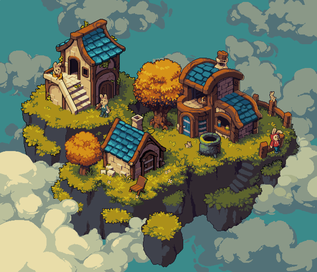 balcony, beaker, blue_overalls, blue_pants, blue_sky, candle, chair, chimney, cloud, commentary, day, door, drawstring, english_commentary, fence, fire, grass, hood, hood_up, hoodie, house, no_humans, nop_(nop_pixels), original, outdoors, overalls, pants, pixel_art, plant, potion, rabbit, red_hoodie, scenery, sky, stairs, table, test_tube, tree, well, wooden_fence