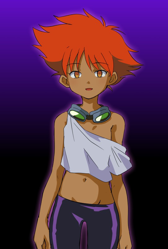 1girl, arms_at_sides, aura, bike_shorts, brown_eyes, cowboy_bebop, cowboy_shot, dark-skinned_female, dark_skin, edward_wong_hau_pepelu_tivrusky_iv, empty_eyes, female_focus, goggles, goggles_around_neck, gradient_background, hitsugi_mc, hypnosis, leggings, looking_at_viewer, messy_hair, midriff, mind_control, navel, purple_background, red_hair, single_bare_shoulder, solo, standing, stomach