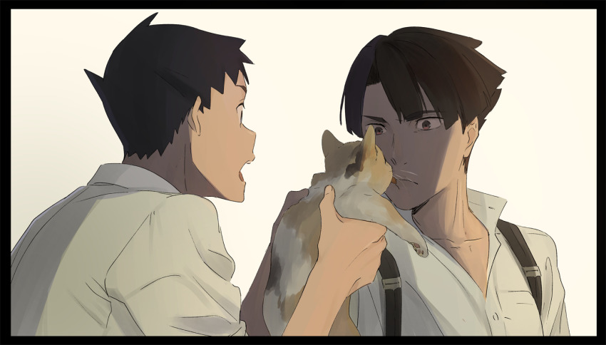 2boys, ace_attorney, animal, black_border, black_hair, border, calico_(pattern), cat