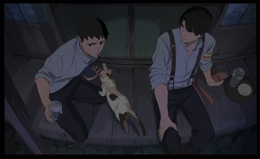 2boys, ace_attorney, armband, black_hair, black_pants, blue_eyes, calico_(pattern), cat, collared_shirt, cup, drinking_glass, evening, hand_on_own_knee, holding, holding_cup, kazuma_asogi, looking_at_another, male_focus, multiple_boys, officinale_t, outdoors, pants, ryunosuke_naruhodo, shirt, short_hair, sitting, sliding_doors, suspenders, the_great_ace_attorney, wagahai_(ace_attorney), white_shirt