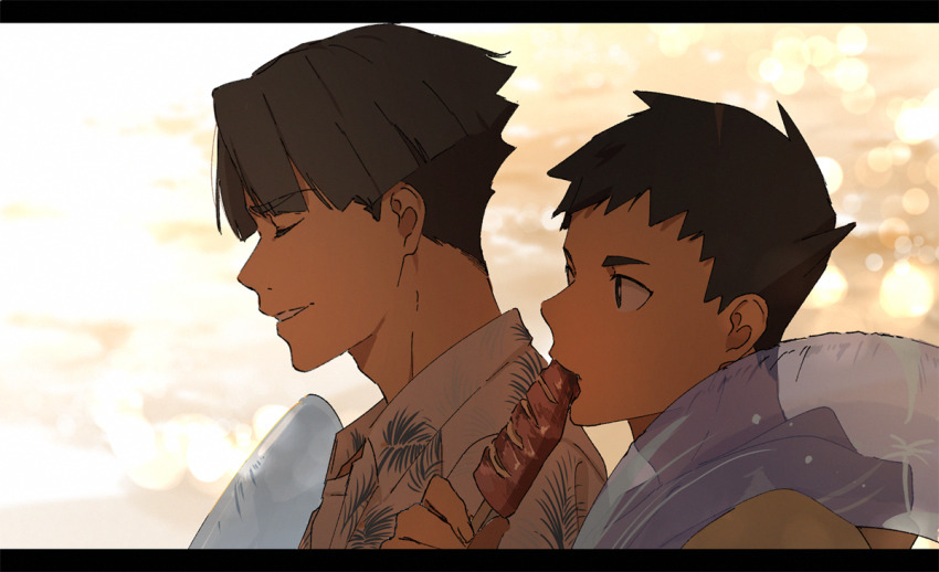 2boys, ace_attorney, alternate_costume, black_hair, closed_eyes, eating, food, from_side