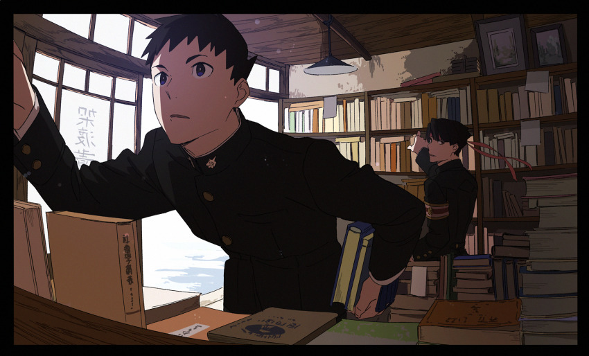 2boys, ace_attorney, armband, black_hair, black_jacket, book, book_stack, bookshelf