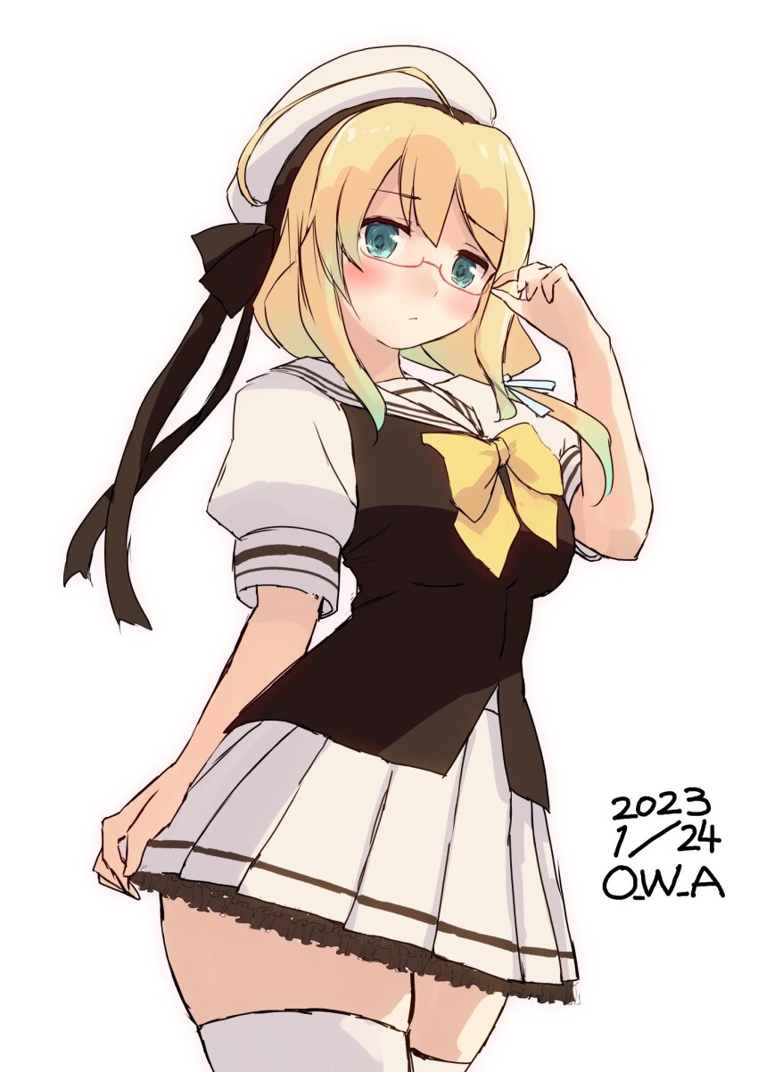 adjusting_eyewear, alternate_costume, artist_name, blonde_hair, blue_eyes, breasts, dated, glasses