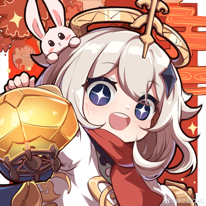 1girl, blue_eyes, dress, genshin_impact, hair_ornament, halo, highres, lantern, long_sleeves, open_mouth, paimon_(genshin_impact), rabbit, red_scarf, scarf, short_hair, smile, white_dress, xinzhizhu