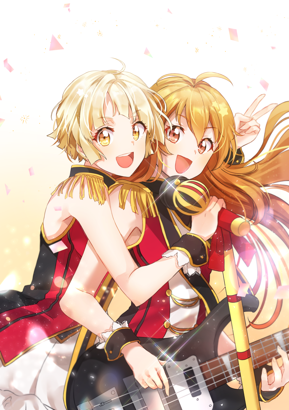 2girls, :d, alternate_hairstyle, antenna_hair, band_uniform, bang_dream!, bang_dream!_girls_band_party!, bare_shoulders, bass_guitar, blonde_hair, commentary, confetti, cowboy_shot, diagonal_bangs, epaulettes, hair_between_eyes, hairstyle_switch, highres, holding, instrument, kitazawa_hagumi, long_hair, looking_at_viewer, microphone, microphone_stand, multiple_girls, music, myagarin, open_mouth, orange_eyes, orange_hair, playing_instrument, red_vest, rickenbacker_4001, short_hair, sidelocks, skirt, smile, sparkle, standing, teeth, tsurumaki_kokoro, upper_teeth_only, v, vest, white_skirt, wrist_cuffs, yellow_eyes