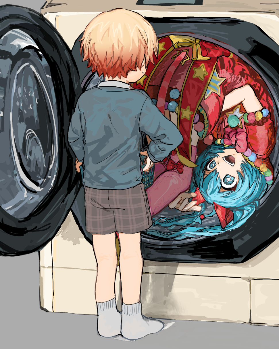 +_+, 1boy, 1girl, aged_down, ahoge, blonde_hair, blue_hair, bnna-0208, commentary_request, gradient_hair, hatsune_miku, highres, long_hair, long_sleeves, multicolored_hair, open_mouth, orange_hair, partial_commentary, plaid_clothes, plaid_shorts, project_sekai, ribbon, short_hair, short_sleeves, shorts, socks, star_(symbol), stuck_in_object, teeth, tenma_tsukasa, upper_teeth_only, vocaloid, washing_machine, white_socks, wonderlands_x_showtime_(project_sekai), wonderlands_x_showtime_miku
