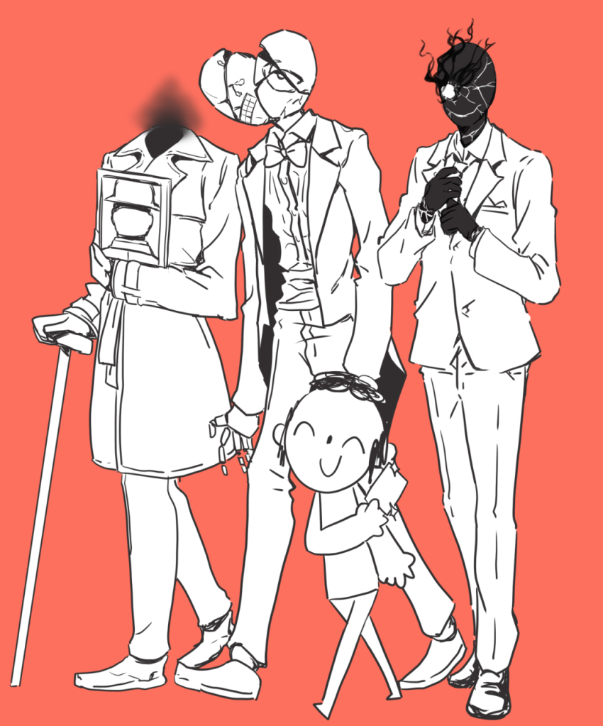 4boys, doodle_sensei_(blue_archive), black_suit_(blue_archive), blue_archive, bow, bowtie, cane, card