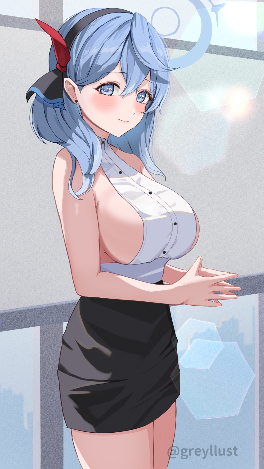 1girl, ako_(blue_archive), bare_arms, bare_shoulders, black_hairband, black_skirt, blue_archive, blue_eyes