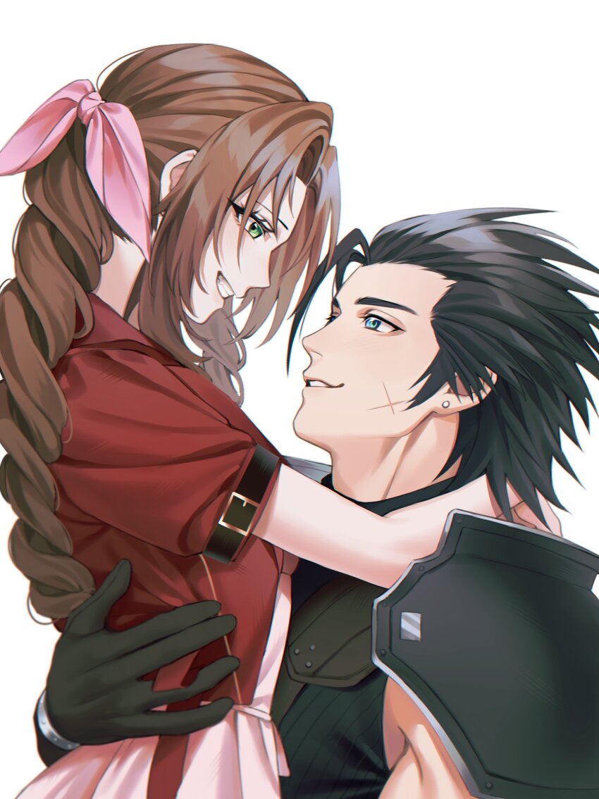 1boy, 1girl, absurdres, aerith_gainsborough, armor, black_gloves, black_hair, blue_eyes, braid, braided_ponytail, brown_hair, commentary, couple, cropped_jacket, cross_scar, dress, earrings, english_commentary, facial_scar, final_fantasy, final_fantasy_vii, final_fantasy_vii_remake, gloves, green_eyes, grin, hair_ribbon, hetero, highres, hug, jacket, jewelry, long_hair, looking_at_another, montaro, parted_bangs, parted_lips, pink_dress, pink_ribbon, red_jacket, ribbed_sweater, ribbon, scar, scar_on_cheek, scar_on_face, shoulder_armor, simple_background, single_earring, smile, spiked_hair, stud_earrings, sweater, turtleneck, turtleneck_sweater, upper_body, white_background, zack_fair