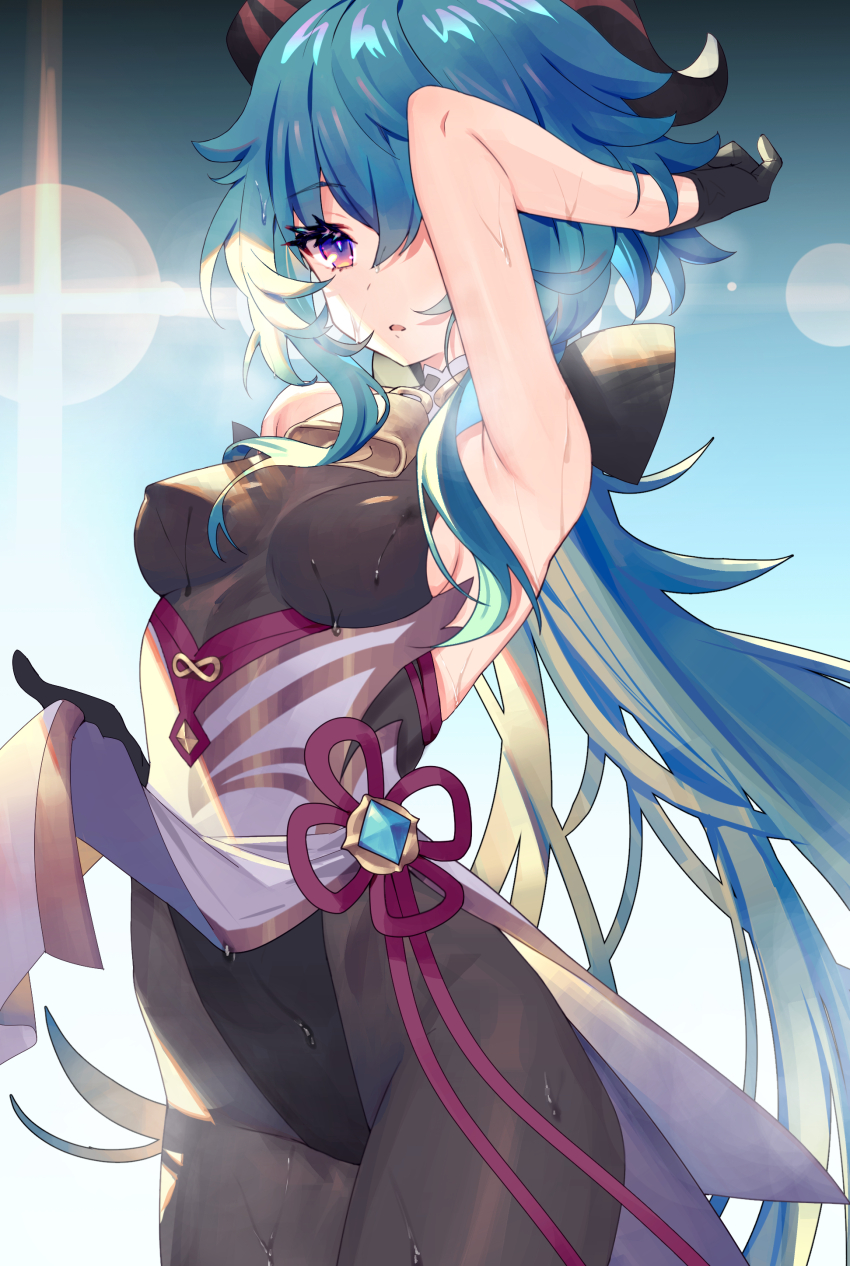 1girl, absurdres, arm_up, armpits, bare_arms, bell, black_gloves, black_leotard, black_pantyhose, blue_hair, bodystocking, bodysuit, breasts, chinese_knot, clothes_lift, covered_erect_nipples, cowboy_shot, flower_knot, ganyu_(genshin_impact), genshin_impact, gloves, gold_trim, groin, highres, horns, jewelry, legs_together, leotard, leotard_under_clothes, lifting_own_clothes, long_hair, looking_at_viewer, matsuha_shuu, medium_breasts, neck_bell, pantyhose, parted_lips, pelvic_curtain, pelvic_curtain_lift, purple_eyes, red_rope, rope, sidelocks, sleeveless, solo, standing, thighlet, thighs, vision_(genshin_impact), wet, wet_clothes