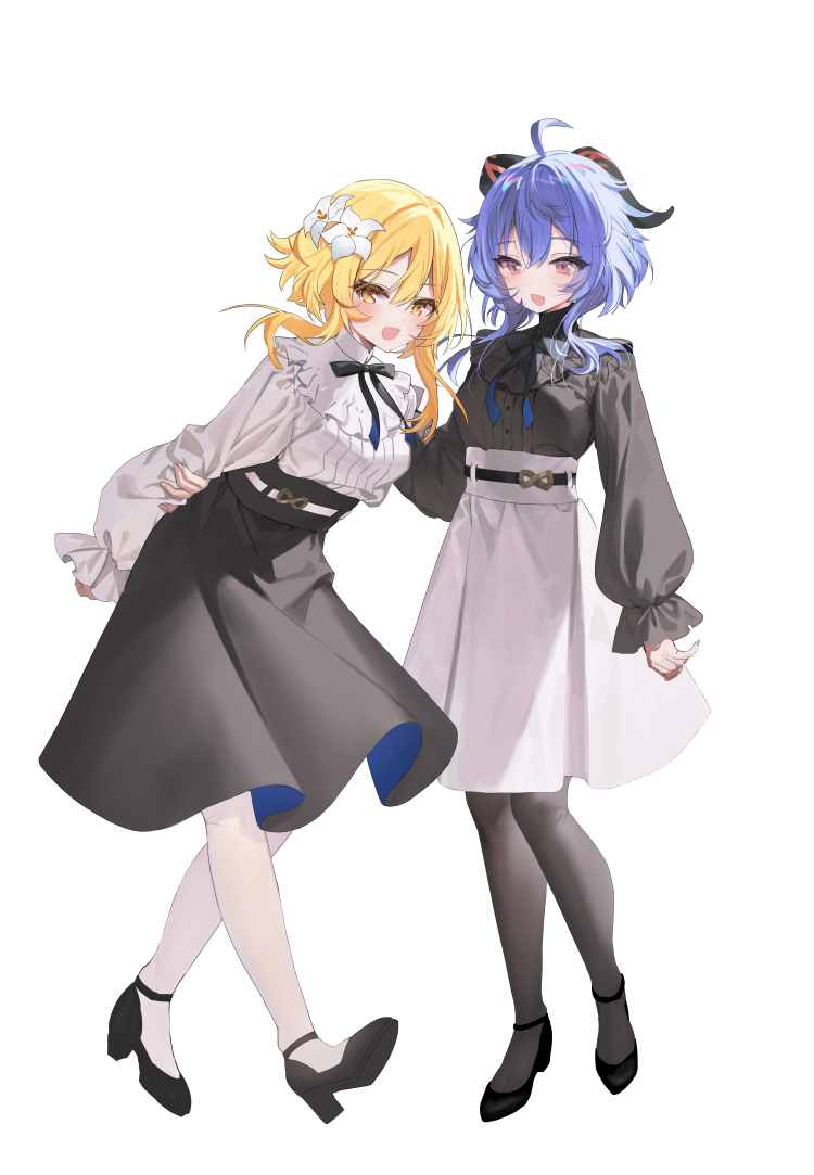 2girls, ahoge, arm_behind_back, black_bow, black_pantyhose, black_shirt, black_skirt, blue_hair