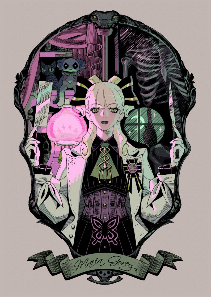 1girl, ace_attorney, black_bow, black_lips, black_shirt, blonde_hair, bow, bug