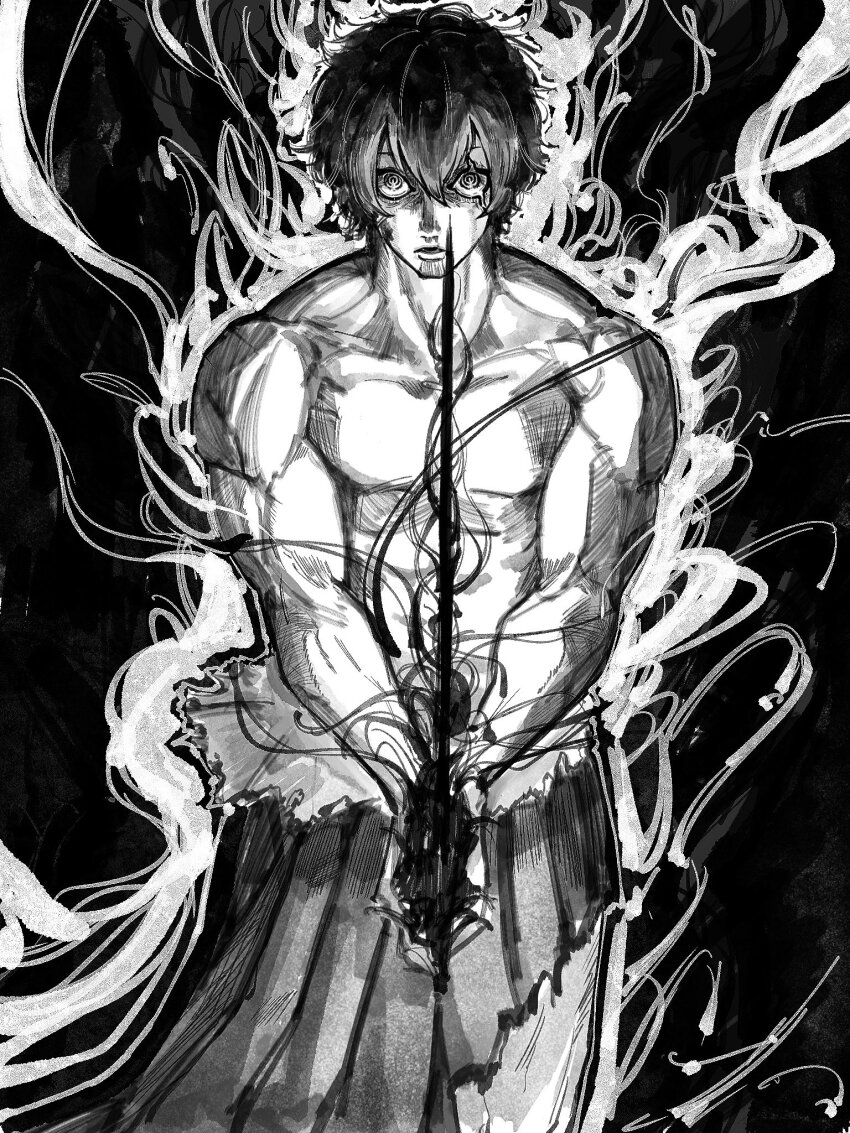 1boy, aura, black_background, dark_background, facial_hair, gainennnn6, highres, holding