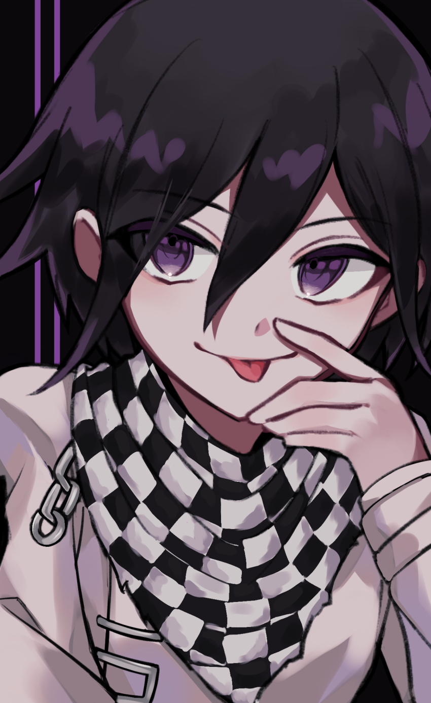 1boy, chain, checkered_clothes, checkered_scarf, closed_mouth, colored_eyelashes, danganronpa_(series), danganronpa_v3:_killing_harmony, hair_between_eyes, hand_on_own_face, highres, light_smile, looking_at_viewer, male_focus, mm_ii_rk, naughty_face, oma_kokichi, purple_eyes, purple_hair, scarf, short_hair, simple_background, solo, straitjacket, tongue, tongue_out, upper_body, wavy_hair