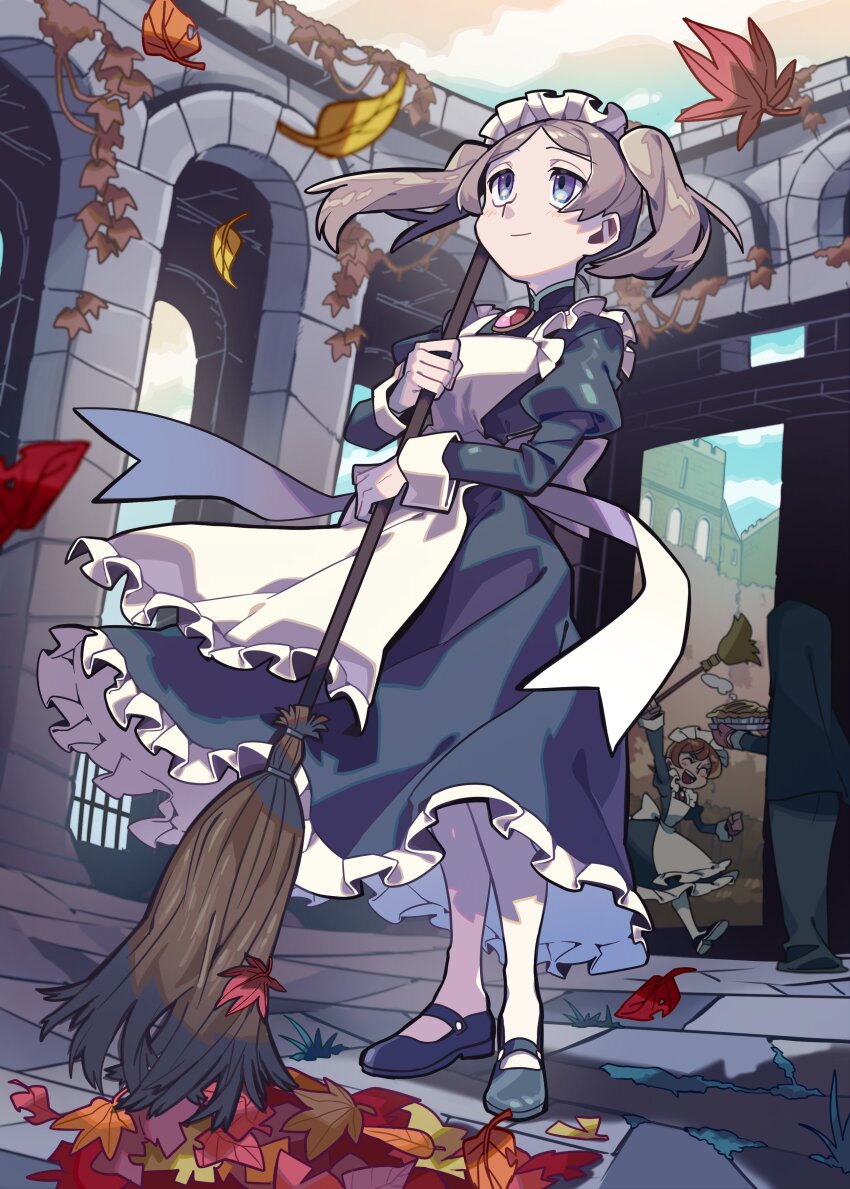 3girls, absurdres, apron, autumn, autumn_leaves, bloody_marie_(skullgirls), blue_eyes, brooch