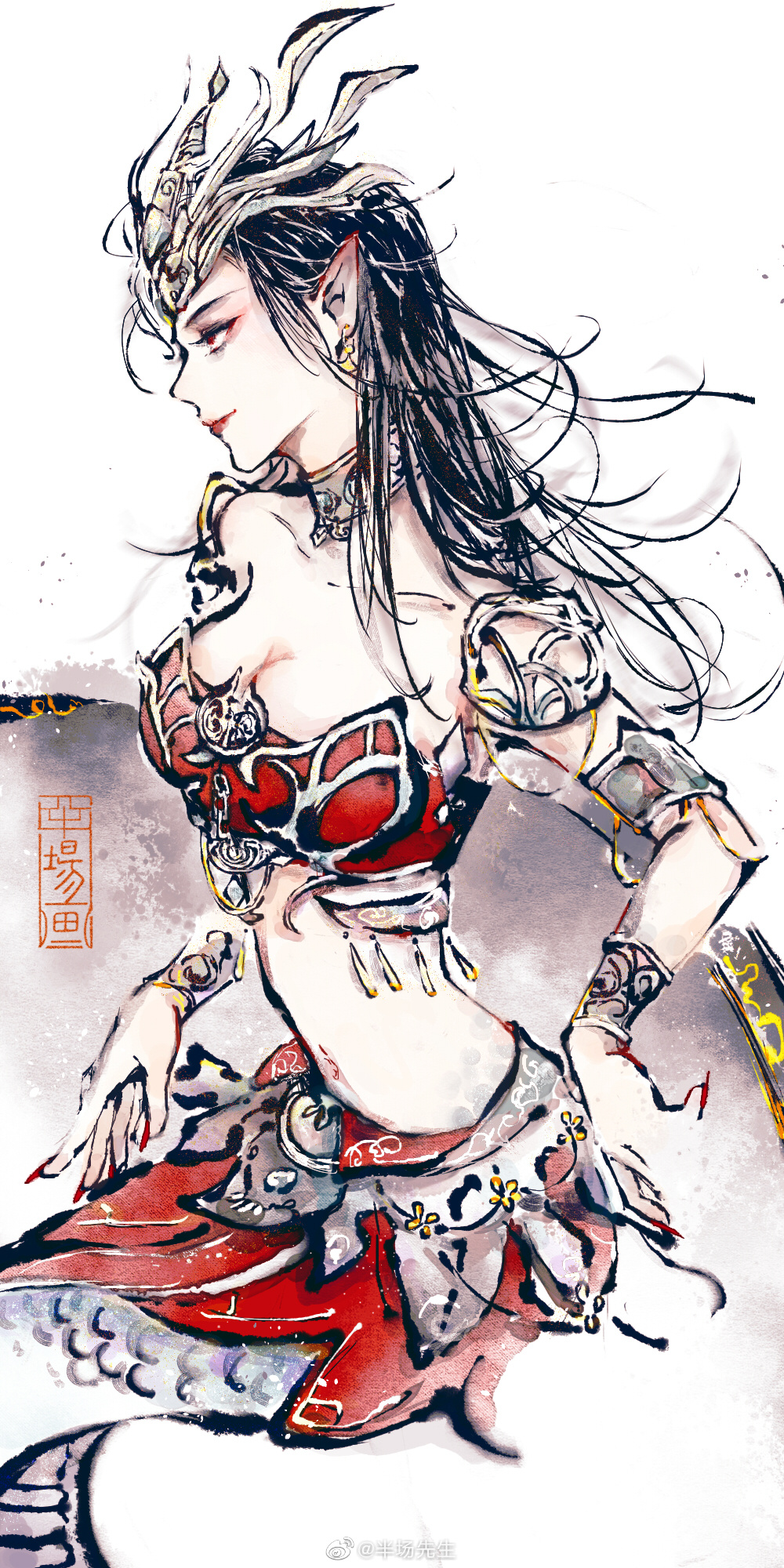 1girl, banchang_xiansheng, bare_shoulders, black_hair, cai_lin_(doupo_cangqiong), closed_mouth, doupo_cangqiong, from_side, hair_strand, highres, ink_(medium), jewelry, lamia, long_hair, monster_girl, navel, red_nails, red_skirt, red_tube_top, skirt, smile, snake_tail, solo, splotch, strapless, tail, tiara, traditional_media, tube_top, upper_body, white_background