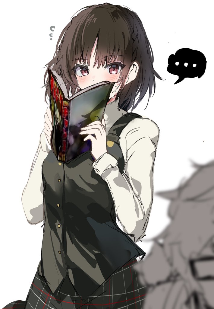 ..., 1boy, 1girl, amamiya_ren, black_skirt, black_sweater_vest, blush, book, braid, brown_eyes, brown_hair, crown_braid, eyelashes, flying_sweatdrops, hands_up, holding, holding_book, long_sleeves, looking_at_viewer, medium_hair, niijima_makoto, peeking, persona, persona_5, pleated_skirt, sb_(akagikeai), school_uniform, shirt, side_braid, simple_background, sketch, skirt, speech_bubble, sweater_vest, white_background, white_shirt