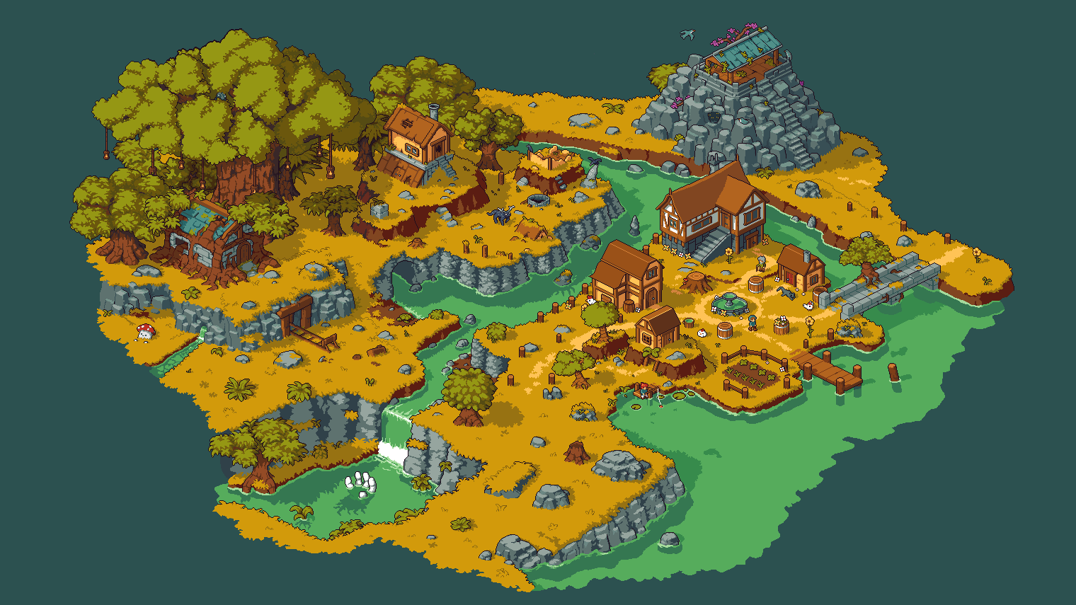 3others, abandoned, barrel, bird, bridge, bucket, bush, cane, cat, cave, chicken, chimney, commentary, dock, door, english_commentary, fence, fishing, fishing_rod, flower, fountain, garden, giant_hand, grass, holding, holding_cane, holding_fishing_rod, house, isometric, lily_pad, mountain, multiple_others, mushroom, nop_(nop_pixels), original, overgrown, path, pixel_art, plant, road, rock, scenery, shrine, stairs, stream, sunflower, tree, tree_stump, village, water, waterfall, well, white_flower, window, wooden_bucket, wooden_fence, yellow_flower