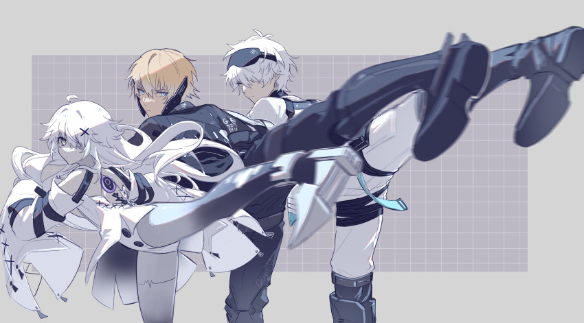 1girl, 2boys, ahoge, bandage_over_one_eye, black_bodysuit, blonde_hair, blue_eyes, bodysuit, detached_sleeves, dress, grey_eyes, hair_ornament, headgear, high_kick, highres, kicking, lee:_hyperreal_(pgr), lee_(pgr), long_hair, mao_(expuella), mechanical_legs, multiple_boys, no._21:_xxi_(pgr), no._21_(pgr), orange_eyes, punishing:_gray_raven, short_hair, sleeves_past_fingers, sleeves_past_wrists, wanshi:_hypnos_(pgr), wanshi_(pgr), white_bodysuit, white_dress, white_hair, x_hair_ornament