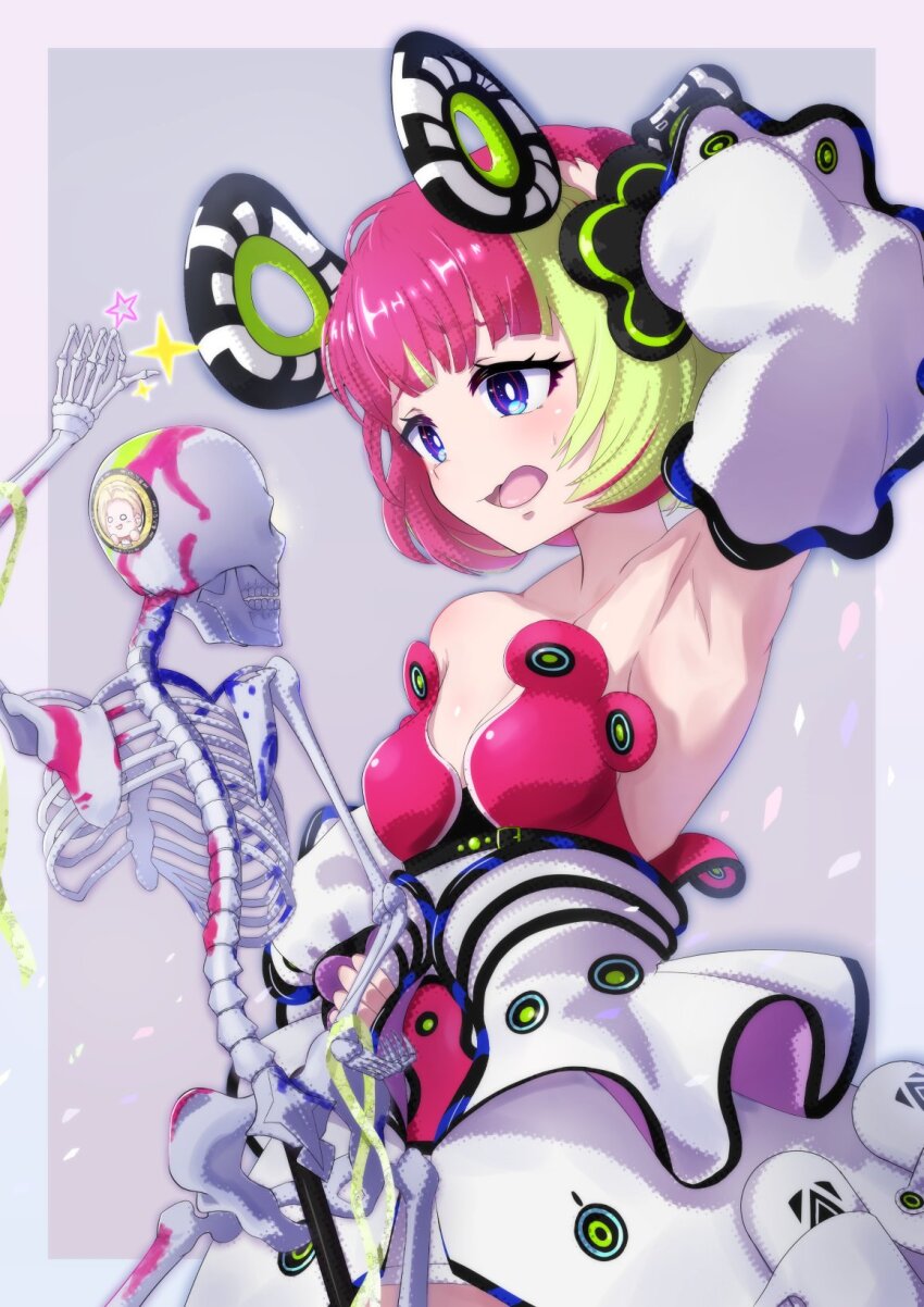 1girl, armpits, avaritia_(magicami), blue_eyes, blunt_bangs, breasts, collarbone, detached_sleeves, dress, green_hair, hair_ornament, highres, kyoumu_(mgcmkyomu), magicami, multicolored_hair, open_mouth, red_hair, short_hair, skeleton, small_breasts, two-tone_hair, yukifune_eriza