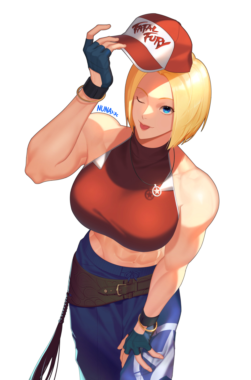 1girl, abs, absurdres, baggy_pants, belt, biceps, blonde_hair, blue_mary, breasts, crop_top, fatal_fury, fatal_fury_cap, highres, large_breasts, loose_belt, muscular, muscular_female, nuna, obliques, one_eye_closed, pants, sleeveless_turtleneck_crop_top, snk, straight_hair, the_king_of_fighters, the_king_of_fighters_xiv, the_king_of_fighters_xv, toned, tongue, tongue_out, turtleneck_crop_top