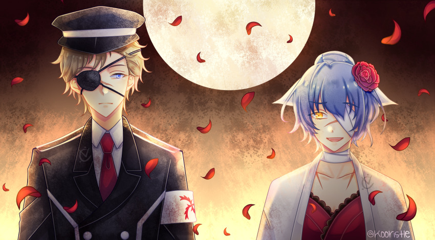 1boy, 1girl, black_background, blonde_hair, blue_eyes, blue_hair, brown_background, eyepatch, facing_viewer, flower, full_moon, fuzuki_kai, hair_flower, hair_ornament, hat, highres, himekawa_mizuki, kooristle, looking_at_another, looking_at_viewer, moon, multicolored_background, orange_eyes, peaked_cap, petals, rose_petals, short_hair, tsukino_talent_production, tsukiuta
