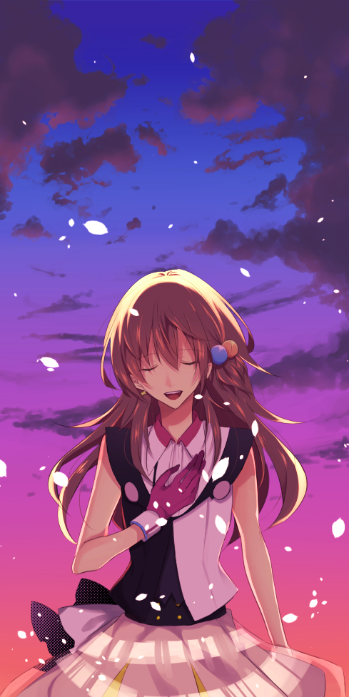 1girl, asagiri_akane, black_shirt, brown_hair, closed_eyes, facing_viewer, gloves, hand_on_own_chest