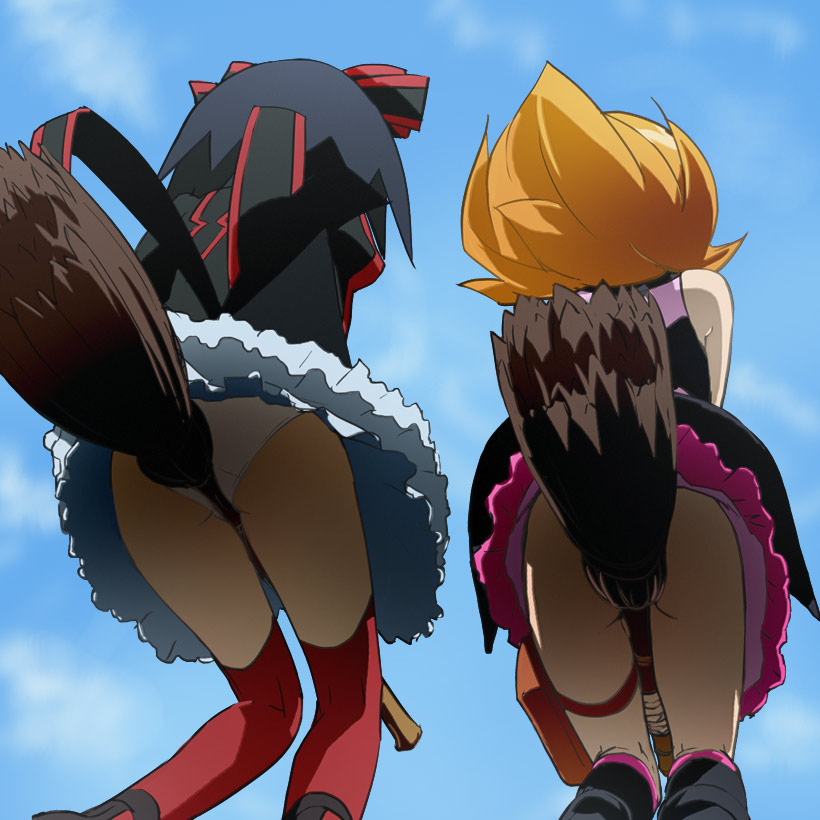 2girls, ass, black_hair, blue_sky, broom, broom_riding, cloud, dress, flying, frilled_skirt, frilled_sleeves, frills, haruyama_kazunori, kuromajo-san_ga_tooru!!, kurotori_chiyoko, legs, long_hair, multiple_girls, orange_hair, panties, pantyshot, short_hair, skirt, sky, thighhighs, touka_blossom, underwear, upskirt, white_panties
