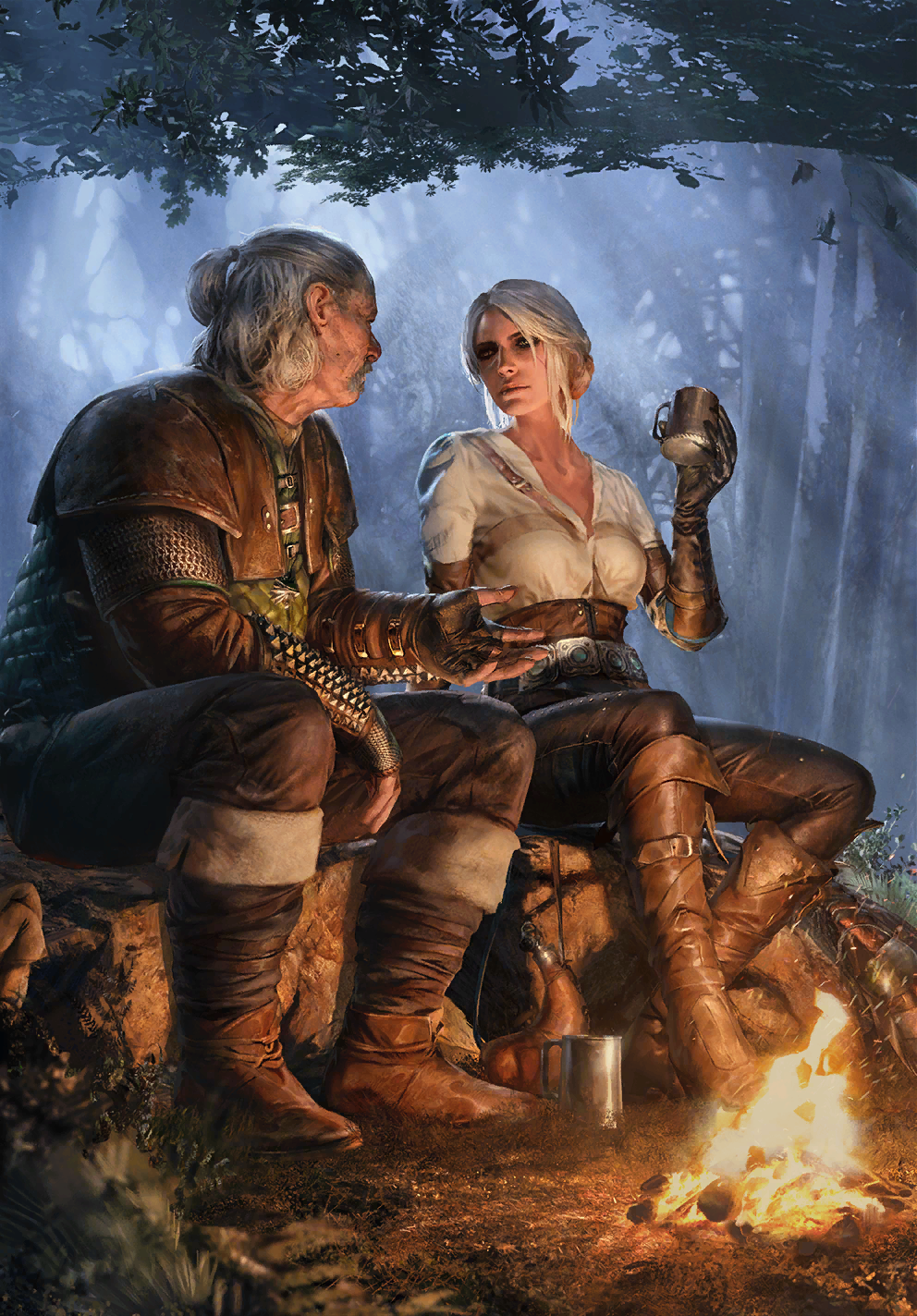 1boy, 1girl, ciri, facial_hair, fire, forest, grey_hair, gwent_(game), highres, mustache, nature, night, non-web_source, short_hair, sitting, tankard, the_witcher_(series), the_witcher_3, vesemir_of_kaer_morhen, white_hair