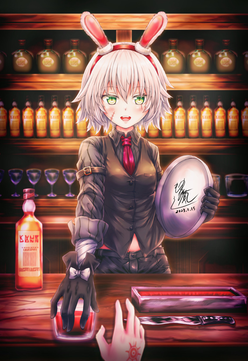 1girl, absurdres, animal_ears, bandaged_arm, bandages, bartender, black_gloves, black_vest, blush, breasts, collared_shirt, command_spell, dated, dress_shirt, facial_scar, fate/apocrypha, fate/grand_order, fate/strange_fake, fate_(series), flat_escardos, gloves, green_eyes, grey_shirt, hair_between_eyes, highres, jack_the_ripper_(fate/apocrypha), jack_the_ripper_(memory_of_qualia)_(fate), knife, looking_at_viewer, necktie, rabbit_ears, scar, scar_across_eye, scar_on_cheek, scar_on_face, shirt, short_hair, slit_pupils, small_breasts, smile, solo_focus, vest, white_hair, yulan_jiujian