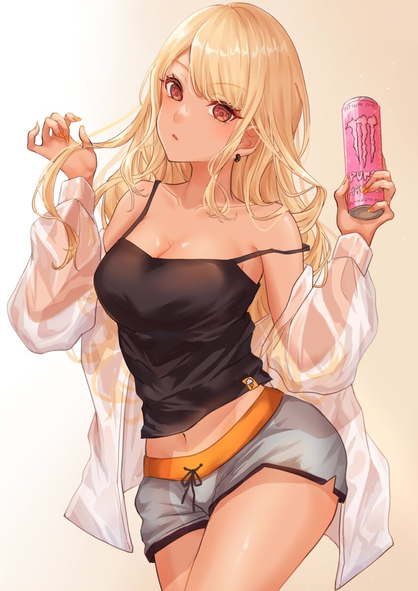 1girl, black_camisole, blonde_hair, blue_shorts, breasts, camisole, can, cleavage, cloud_print, collarbone, cowboy_shot, dolphin_shorts, earrings, fingernails, gradient_background, highres, holding, holding_can, jacket, jewelry, kaminari_qpi, large_breasts, lightning_bolt_print, long_fingernails, long_hair, looking_at_viewer, miya_(_32miya107), monster_energy, nail_polish, navel, parted_bangs, red_eyes, see-through_clothes, see-through_jacket, shiny_skin, shorts, simple_background, sleeve_cuffs, solo, standing, strap_slip, swept_bangs, tag, tan, very_long_fingernails, virtual_youtuber, vspo!, white_background, yellow_background