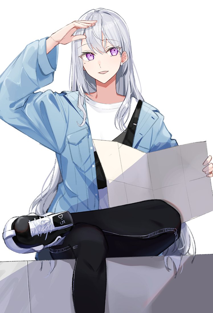 1girl, black_footwear, black_pants, cross-laced_footwear, crossed_bangs, crossed_legs, fanny_pack, hair_between_eyes