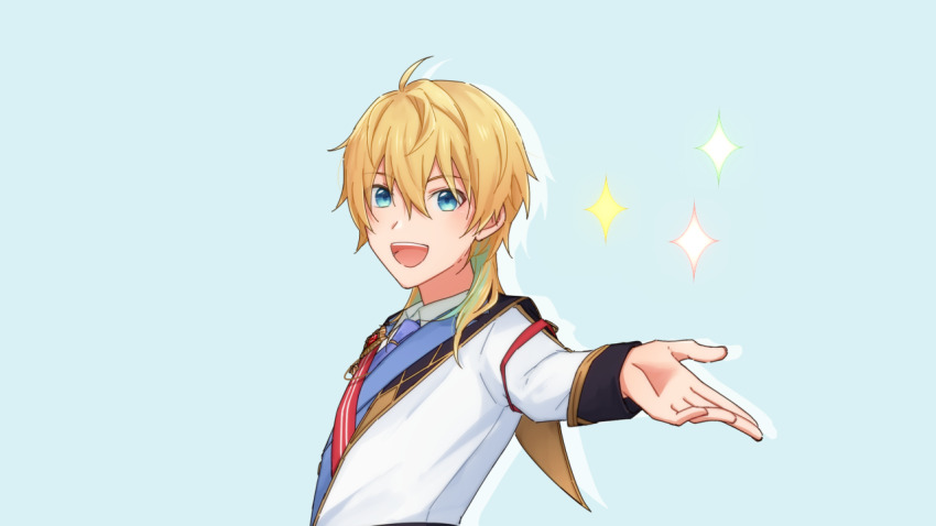 1boy, aqua_hair, blonde_hair, blue_eyes, blue_shirt, coat, idol_clothes, kuze_mitsuki