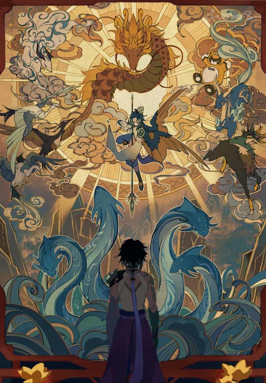 1boy, antlers, arm_tattoo, artist_name, asymmetrical_clothes, bare_shoulders, bead_necklace, beads