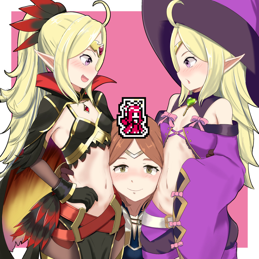 3girls, absurdres, age_difference, arm_around_another's_waist, blush, breasts, brooch, cape, cleavage, detached_sleeves, dual_persona, female_kiran_(fire_emblem), fire_emblem, fire_emblem_heroes, flat_chest, girl_sandwich, green_hair, hat, highres, jewelry, kiran_(fire_emblem), midriff, multiple_girls, navel, nintendo, nowi_(eternal_witch)_(fire_emblem), nowi_(fire_emblem), nowi_(resplendent)_(fire_emblem), official_alternate_costume, onee-loli, pointy_ears, sandwiched, shincito, small_breasts, smile, stomach, tiara, wide_sleeves, witch_hat, yuri