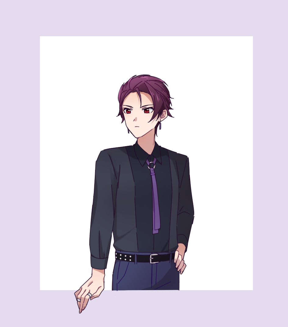 1boy, belt, black_belt, black_shirt, border, closed_mouth, collared_shirt, grey_border