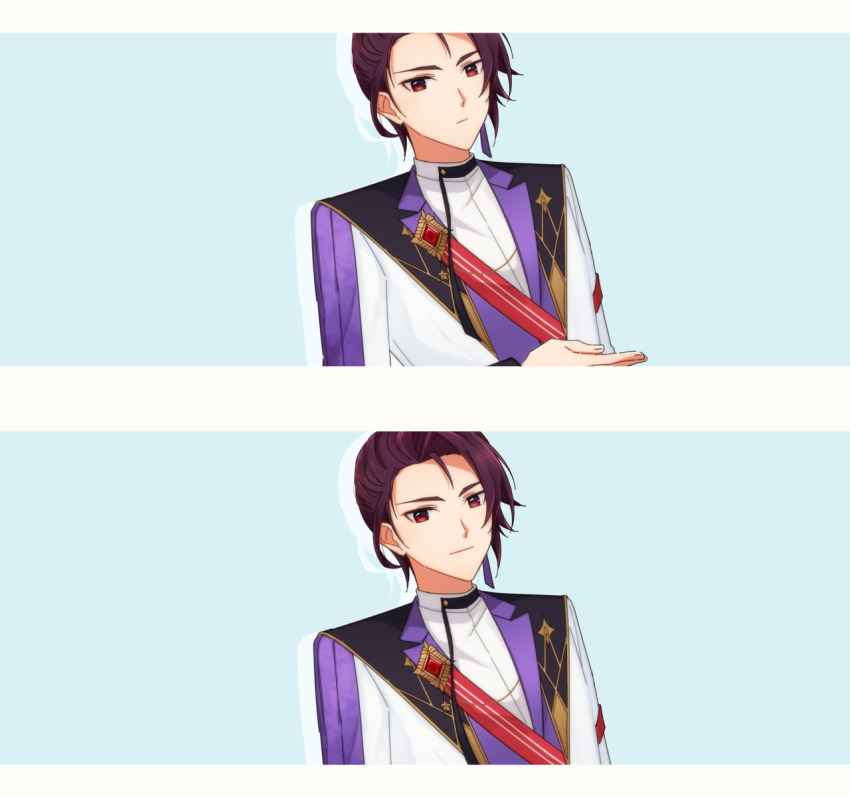 1boy, border, closed_mouth, expressionless, highres, idol_clothes, blue_background, long_sleeves